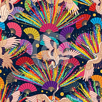 Chalk rainbow Japan crane fan seamless pattern Vector Illustration