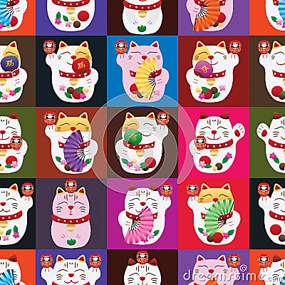 Maneki neko fat Daruma fan square seamless pattern Vector Illustration