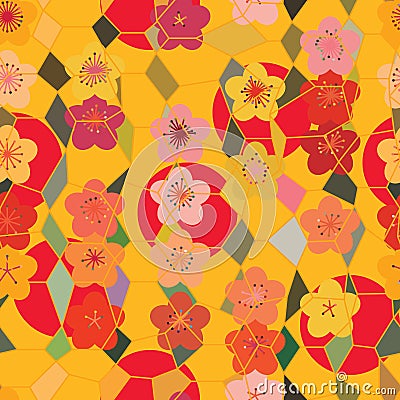 Freedom hexagon japan sakura sun seamless pattern Vector Illustration