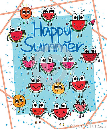 Happy summer watermelon cartoon frog eyes card Vector Illustration
