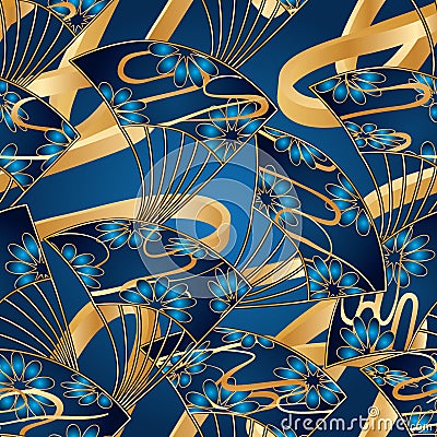 Japan fan cloud line long 3d blue gold seamless pattern Vector Illustration