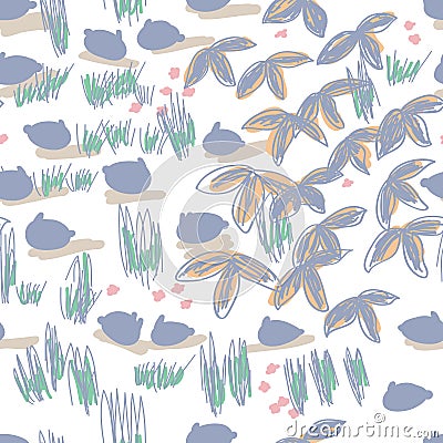 Japanese pastel style drawing abstract rabbit leaf grasses Sakura seamless pattern Vector Illustration