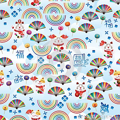 Maneki Neko sky blue Fu rainbow line fan seamless pattern Vector Illustration