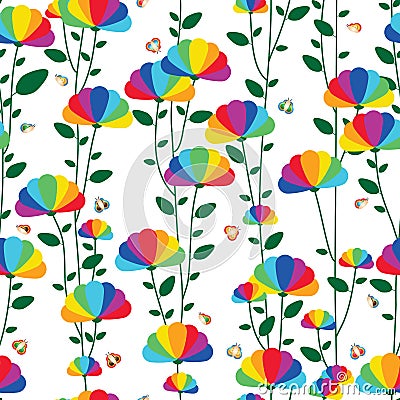 Rainbow petal flower vertical plant butterfly seamless pattern Vector Illustration