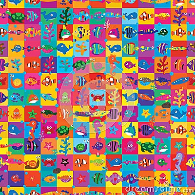 Sea animal square style colorful seamless pattern Vector Illustration