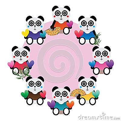 Panda sitdown pair circle frame Vector Illustration