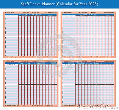 Staff holiday planner 2028 Vector Illustration