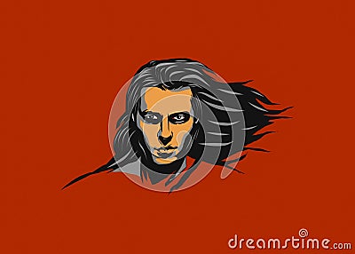 Illustration design of a young man's face with long hair and red background Cartoon Illustration