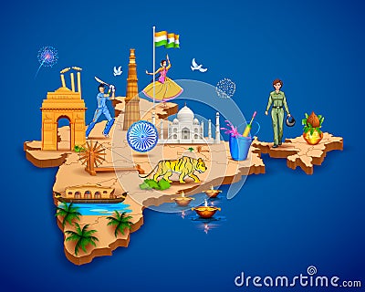 Detailed 3d map of India showing different monument and famous places Vector Illustration