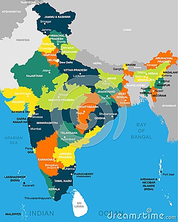 Illustration of detailed map of India vector, Asia with all states and country boundary Vector Illustration