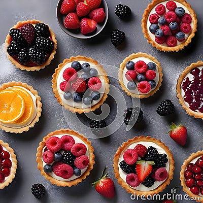 An illustration of different berry tarts on grey table, flat lay. Delicious pastries Cartoon Illustration