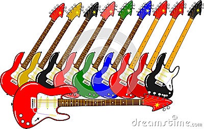 Different electric guitars in different colors Stock Photo