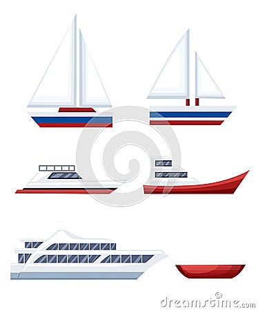 Illustration of different kind of boats. Set of little boats and buoys with blue sea background and isolated on white. Side view i Cartoon Illustration