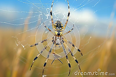 Digital image of wasp spider hanging in the center of its web, with a large prey visible inside it. the background is blurre Cartoon Illustration