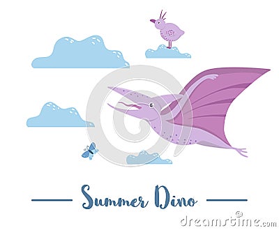 Illustration of dino flying among the clouds with bird and dragonfly. Summer scene with cute dinosaur. Funny prehistoric reptiles Vector Illustration