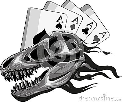 monochromatic Dinosaur Skull with flames and poker card Vector Illustration