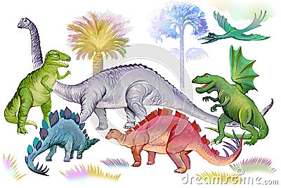 Illustration of dinosaurs in Jurassic period. World of prehistoric animals. Image of ancient imaginary extinct reptiles. Stock Photo