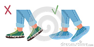 Illustration of dirty shoes and shoes with medical covers. Vector flat illustration Vector Illustration