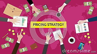 Illustration of discussion about pricing strategy in a meeting with paperworks and money on top of table Vector Illustration