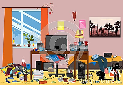 Illustration of a Disorganized Room Littered With Pieces of Trash. Room where youngguy or student lives Vector Illustration