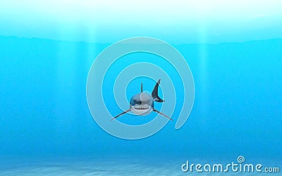 Illustration of a distant great white shark swimming through blue ocean water near a sandy seafloor Cartoon Illustration