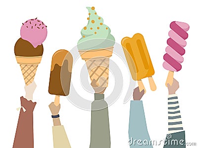 Illustration of diverse people holding colorful ice creams Stock Photo