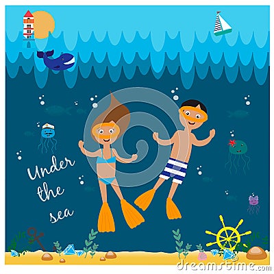 Illustration with diving girl and boy Vector Illustration