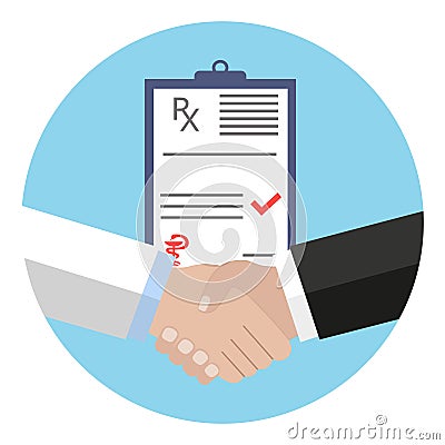 Doctor and patient shaking hands isolated on blue background.Handshake doctor and patient, Concept healthcare. Medical background. Vector Illustration