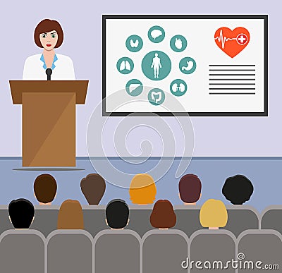 Doctor on the podium in the presentation stand. lecture, seminar, report, presentation, coaching, meeting. Woman in robe teaches s Vector Illustration