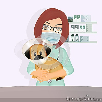 Illustration of dog being treated for neutering or spaying by the vet Cartoon Illustration