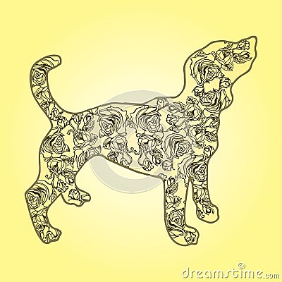 Illustration. Dog with flowers on a yellow background. Vector Illustration