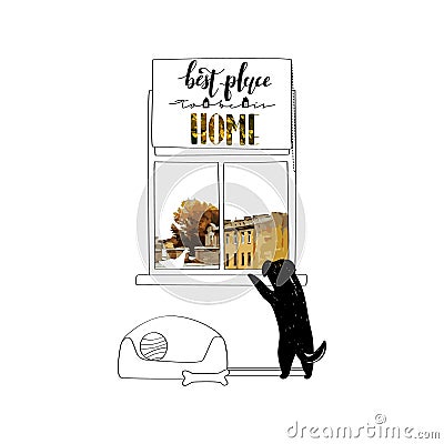 illustration with dog, that looking out the window Vector Illustration