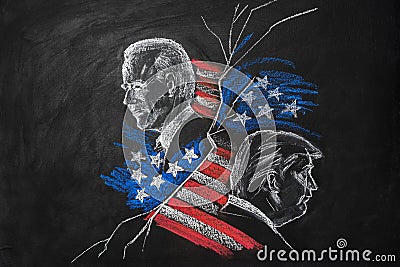 Illustration of Donald Trump and Joe Biden with American flag pieces as background. Concept of candidates for US presidential Editorial Stock Photo