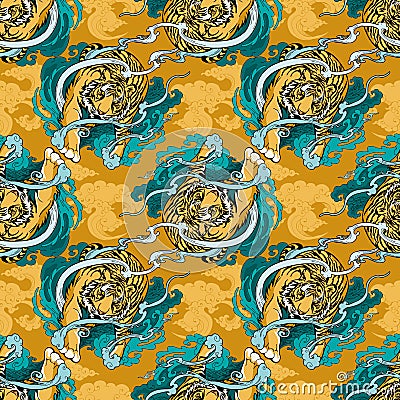 Illustration doodle and paint Tiger walking on cloud or haven Illustration doodle and paint design for seamless pattern with yel Stock Photo