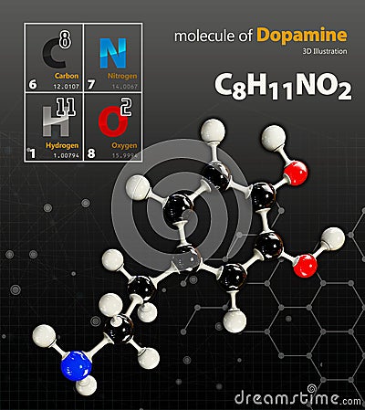 Illustration of Dopamine Molecule isolated black background Stock Photo