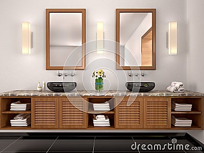 Illustration of double sink in the bathroom Mediterranean-sty Cartoon Illustration