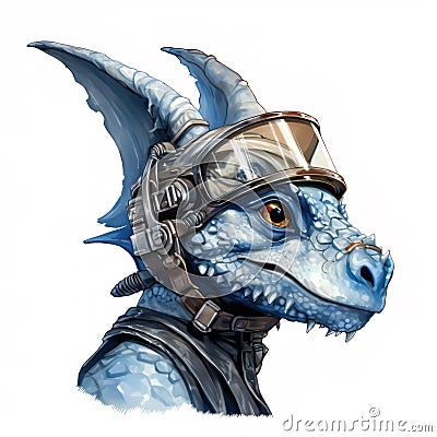 Illustration of a dragon head in a futuristic pilot helmet. Fantastic character dragon warrior on a white background Stock Photo
