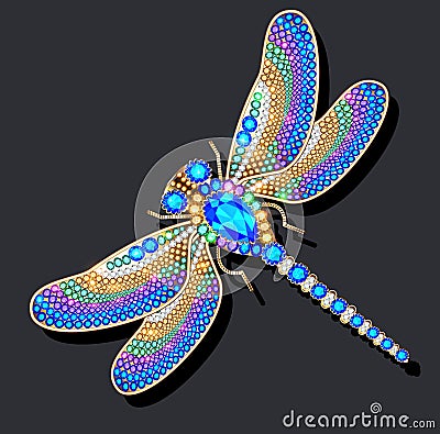 dragonfly brooch made of gold with precious stones Vector Illustration