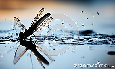 Illustration of a dragonfly landing in water AI generated original illustration Cartoon Illustration