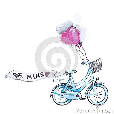 Illustration drawing blue bicycle with purple balloons and ribbon with text be mine Stock Photo