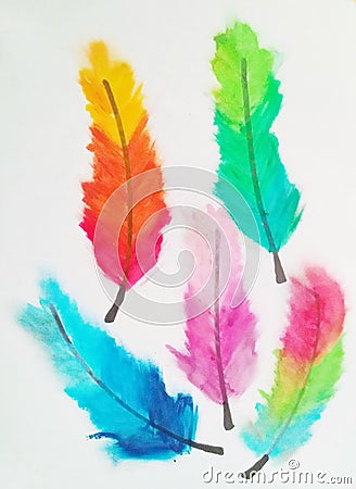 Illustration Drawing by hand, bird feathers colorful Stock Photo