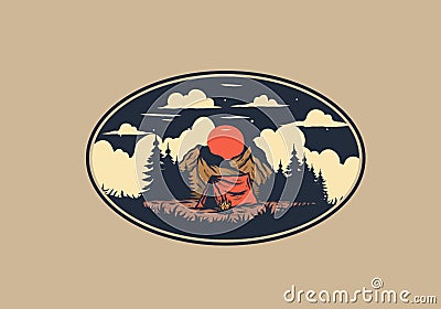 Illustration drawing of overnight camping Vector Illustration