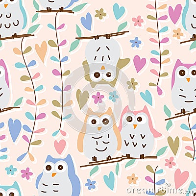 Owl pastel colorful flower branch seamless patterm Vector Illustration