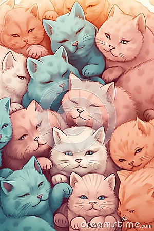Illustration, drawing: pastel pink and blue kittens, cute animals. Stock Photo