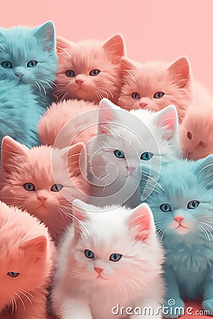 Illustration, drawing: pastel pink and blue kittens, cute animals. Stock Photo