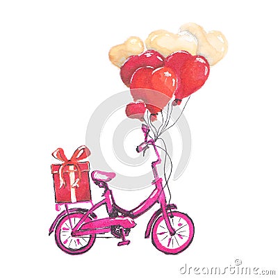 Illustration drawing purple bicycle with red balloons and a gift Stock Photo