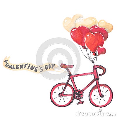 Illustration drawing red bicycle with black and blue balloons and ribbon with text be mine Stock Photo