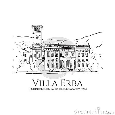 illustration drawing sketch Villa Erba Lake Como Vector Illustration