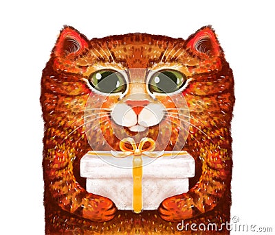 Illustration of a drawn ginger cute cat with a gift in his paws Stock Photo