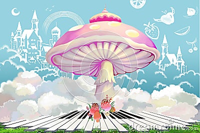 Illustration: The Dream World of Happy Life. Doodled Castle, Fruit in the Sky. Stock Photo